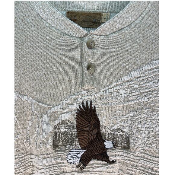 VTG Embroidered Flying Eagle Over Mountains Pullover Beige Sweater Sz L USA Made - Picture 10 of 10